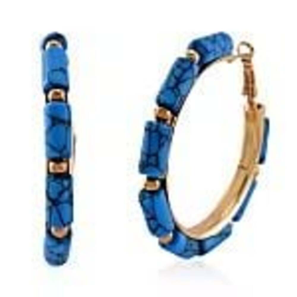 Blue Howlite -Gold-Tone Hoop Earrings with-Style Rectangular Beaded Accents